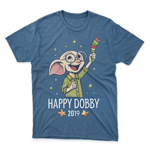 A cartoon-style illustration of Dobby the house-elf from Harry Potter on a blue t-shirt. Text reads 'Happy Dobby 2019'. Cheerful design