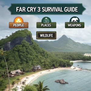 Interactive menu for Far Cry 3 Survival Guide. Options for People, Places, Weapons, and Wildlife. Tropical island background with game creatures