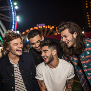 Harry Styles, Liam Payne, Zayn Malik, Louis Tomlinson, and Nick Jonas. They're backstage at a music festival, laughing and posing for the paparazzi.