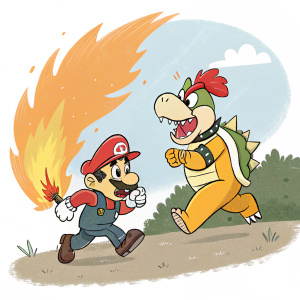 Hand-drawn illustration. Mario and Bowser Jr. in an animated adventure scene. A large, roaring flame between them. Bright and bold colors. Comic book style.