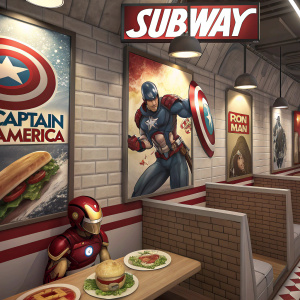 A Marvel-themed Subway restaurant interior. Captain America and Iron Man posters on the walls. Subway sandwich shop branding prominently displayed.