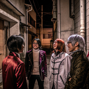 Diverse group of anime characters in dimly lit alleyway, each with unique outfits and hairstyles. Dark background
