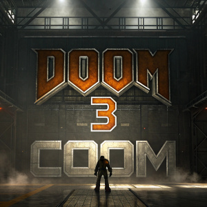Promotional poster for Doom 3: BFG Edition. Large, bold text 'COOM' and stylized '3' symbol. Dark, moody industrial background with grungy metallic texture. Shadowy setting.