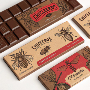 The Chicleros chewing gum brand features a unified design theme with dominant brown tones and striking red accents. Labels adorned with illustrations of insects and chewing imagery. A rustic and natural aesthetic. Consistent design elements ensure easy brand recognition.