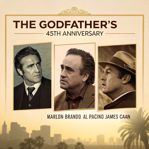 Promotional event flyer for The Godfather's 45th anniversary. Sepia-toned images of cast members. Celebration details