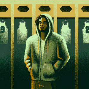 D'Angelo Russell, NBA star, standing in a locker room. The background is filled with team posters and jerseys. He wears a casual outfit with a Timberwolves hoodie.