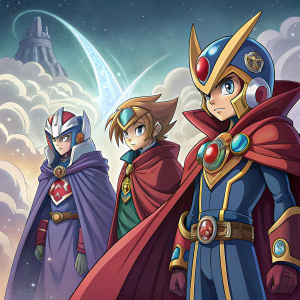 Fantasy artwork of Megaman ZX Advent characters. Giovanni Gregoracci's distinctive style evident. Characters adorned in elaborate, intricate robes. Sense of camaraderie and shared mission.