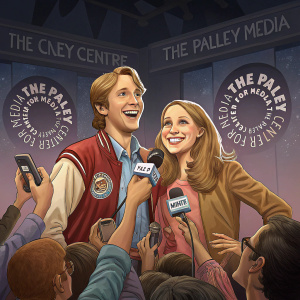 Jared Hess and Jerusha Hess, the dynamic duo behind 'Napoleon Dynamite', appear on stage at The Paley Center for Media. They are surrounded by enthusiastic fans and reporters.