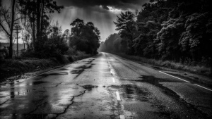 Abandoned empty broken road rainfall horror