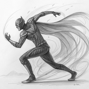 A dynamic charcoal sketch featuring a figure in flowing, action-filled poses. Inspired by Warframe characters, the sketch highlights fluid movement and form in a loose, gestural style.