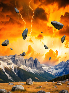 flying stones, mountains, thunderstorm, real photo