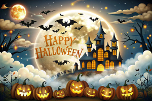 give me a Halloween atmosphere with a palace background with lots of clouds and bats with a Halloween theme, lots of Halloween accessories, outdoor events, with the addition of the text "happy Halloween