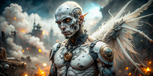 white mystical post apocalyptic cyborg, terror, stock photo, tattoo, angels and demons, streamlined, Rust Clouds, Sparkling

