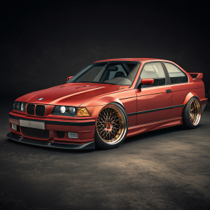 Digital artwork of a red BMW E36 M3 with Cherry Lava paint job and custom rims. Dark background, highlighting the car's sleek design and unique features.