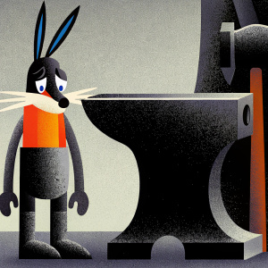 Wile E. Coyote, standing dejectedly beside a large Acme anvil. Distress written all over his face. In a vibrant, digital art style.