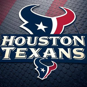 Logo for the Houston Texans football team. The bull's head emblem stands out on a dark, textured background. Bold text reads 'HOUSTON TEXANS' in a sporty font.