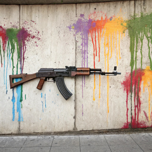 Graffiti artwork featuring a spray-painted AK-47, vibrant colors splattered across a concrete wall with dripping paint effects