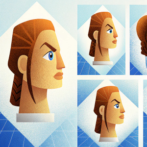 Multiple digital 3D renderings of Lara Croft's head sculpt from various angles and perspectives.