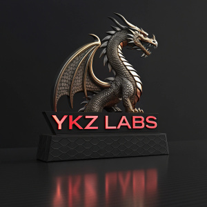 A sleek logo design featuring a metallic dragon with 'YKZ LABS' in bold, futuristic font.