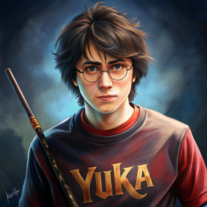 Harry Potter wearing Yuka t shirt with he's weapon in hand written Yuka on the t shirt 