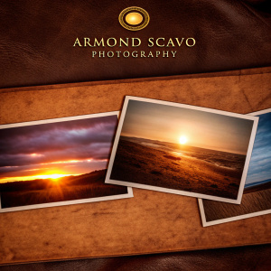 Homepage of Armond Scavo Photography. Features a gallery showcasing a variety of landscape images with changing light and weather conditions. Dark background with the company logo in gold at the top.