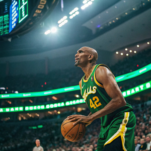 Jerry Stackhouse, former NBA star, in a green and yellow Dallas Mavericks jersey. Playing basketball with Vince Carter. The crowd is cheering in a packed stadium, neon lights illuminate the court.