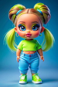 cute chubby bratz doll with a nose piercing and her hair is in a ponytail, wearing headphones, she is wearing a neon lime t-shirt and blue jeans, and white platform shoes