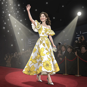 Han Hye-Rin, South Korean actress, smiling and waving at a film festival. She is wearing a yellow and white floral dress with flared hemline and high-waisted silhouette. Dark stage with bright spotlights and audience