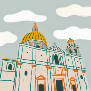 St. Paul's Cathedral in Malta, a monumental structure with pale stone walls, ornate carvings, and a prominent dome. Surrounded by clear blue skies and fluffy white clouds.