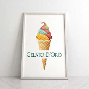 Stylized logo for Gelato D'Oro featuring an elegant ice cream cone. White background, vibrant colors, sleek font.