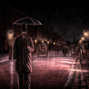 Renowned Italian composer Giuseppe Verdi, walking with an umbrella in Victorian London, dressed in a top hat and morning coat, surrounded by bustling crowds and gas-lit street lamps.