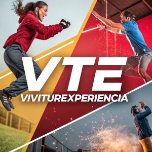 A dynamic promotional poster featuring VTE Viviturexperiencia. Various action sequences merged into a cohesive collage.