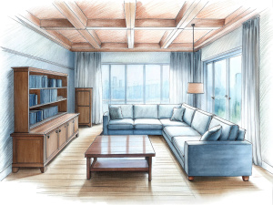 a sketch of a beautiful High-tech living room in pencil, a kitchen cabinet behind the white sofa, with minimal pictures on the wall, linen curtain next to the classroom window, coffee table, modern wood, ceiling with magnetic emissive lighting