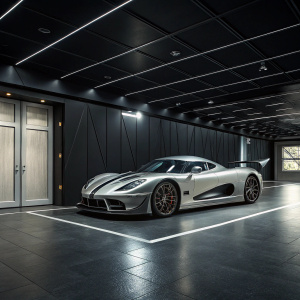 A sleek silver Koenigsegg Agera R parked in a futuristic garage. Black walls and floor.