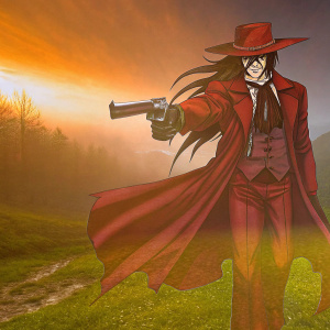 Digital artwork of the Alucard character from Hellsing. Standing with gun in hand, long dark hair flowing. Menacing face with intense eyes. Dynamic pose against a gradient sunset backdrop.