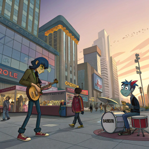 Gorillaz band members, 2D, Murdoc, Russel, and Noodle, in a bustling daytime city square, digital painting style