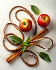 ramas de canela y manzana fondo blanco