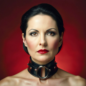 40 yo brunette wearing snug slave shock collar around throat. Dark red lipstick.