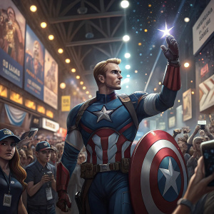 Chris Evans as Captain America at Comic-Con. Crowded hall, bright lights and cameras