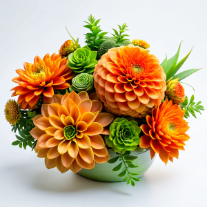 floral arrangement with natural orange dahlias and green succulent plants for wedding, plain white background and no background,