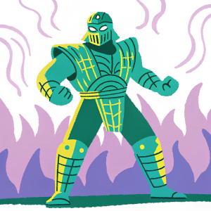 Scorpion, character from Mortal Kombat, standing in a fierce stance. Fiery background with swirling flames in red and orange hues. Detailed golden armor with intricate designs.