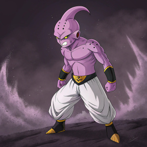Kid Buu, Dragon Ball Z villain, in a fierce stance. Purple body with a menacing expression. Dark, ominous backdrop