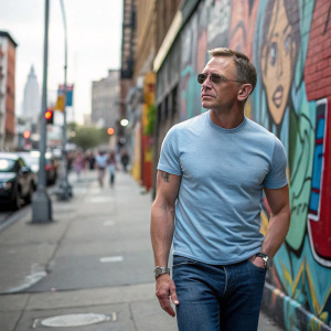 Daniel Craig in a casual setting, wearing a light blue t-shirt and jeans. The background is a bustling city street with vibrant graffiti.