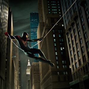 Miles Morales, Spider-Man, swinging through a futuristic New York City skyline.