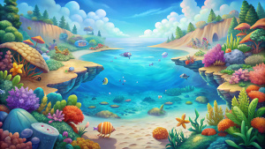 2.5D game background, cute, 45 degree, offing, seaside, coastal, large beautiful sea with Coral , school of ittle fishes around,




