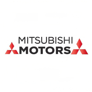 A vibrant logo for Mitsubishi Motors. The design features a sleek, modern font paired with a bold red diamond emblem. The logo stands out against a clean white background.