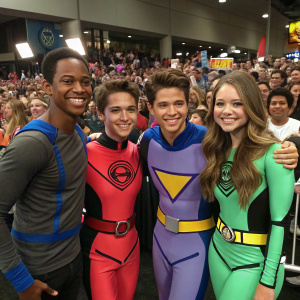 Cast members of 'Lab Rats' at Comic-Con. Wearing colorful costumes, standing in front of a crowd, enthusiastic fans around.