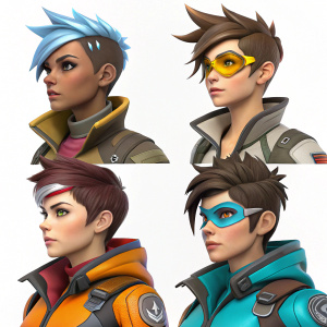 A digital art piece featuring diverse characters inspired by Overwatch's Tracer. Each character has a unique look and color scheme, ranging from vibrant to subdued tones. The characters are rendered in a modern, 3D style against a plain white background.