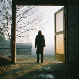 Promotional photo for 'The Last of Us Part II'. Enigmatic silhouette standing in doorway. Dark figure against a softly blurred, outdoor backdrop. Creating an atmosphere of mystery and suspense.