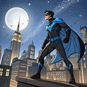 Cartoon illustration of Nightwing. City skyline background.